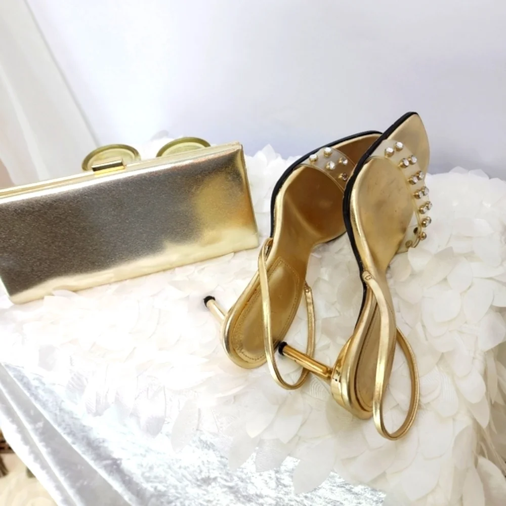 Zara shoes gold metallic kitten slingback heels clear embellished vamp size 9 - Picture 1 of 11